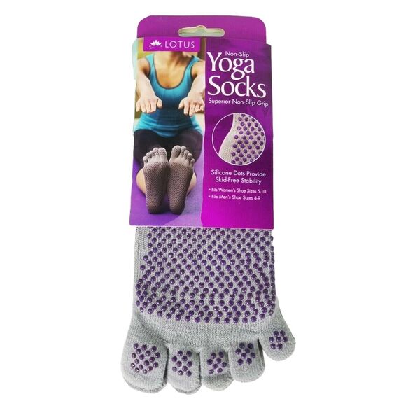 Lotus Yoga Socks Gray Non Slip Grip Purple Silicone Dots Women's Shoe Sizes 5-10 - Picture 1 of 6